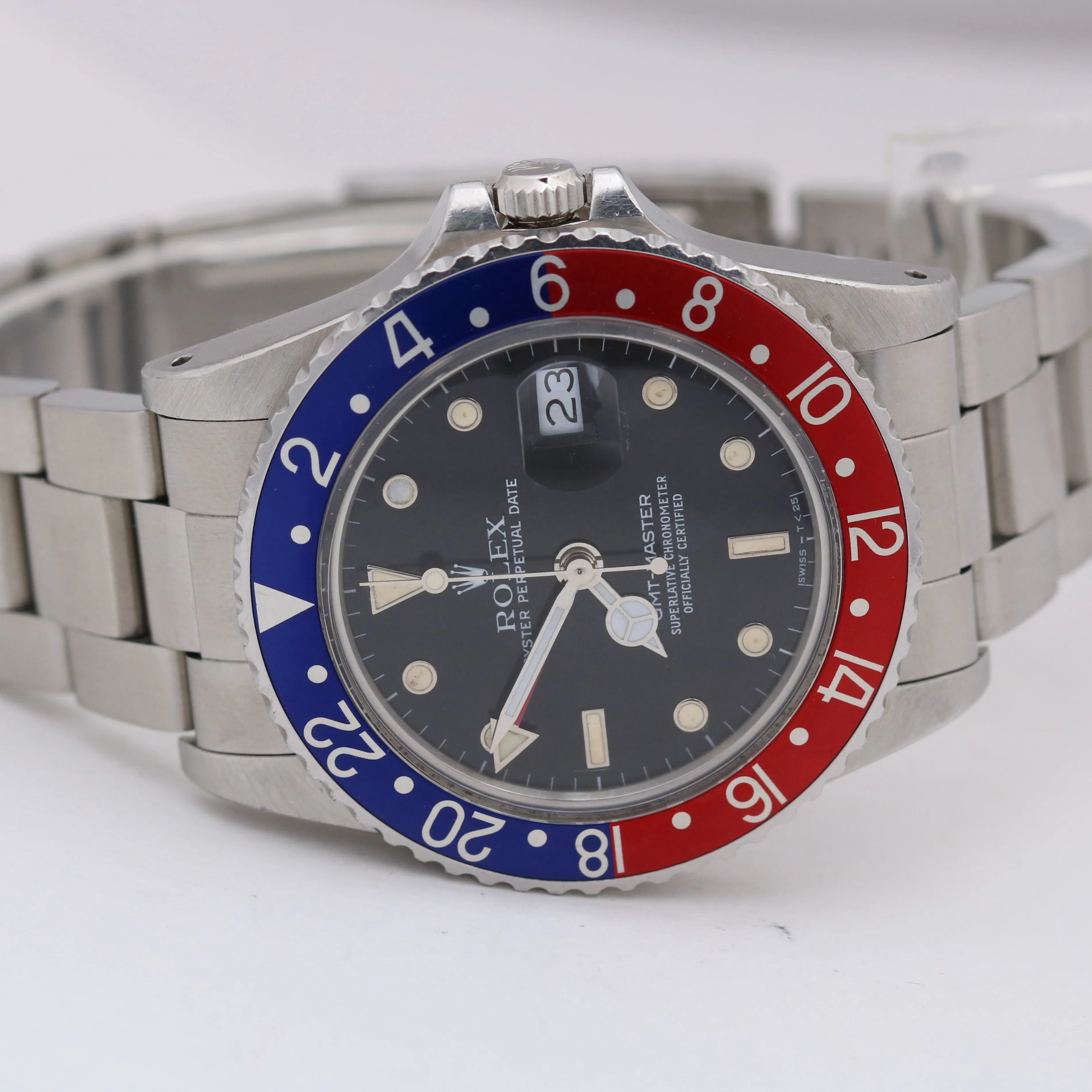 1984 VINTAGE Rolex GMT-Master GLOSSY PATINA Blue Red PEPSI Steel Date 16750