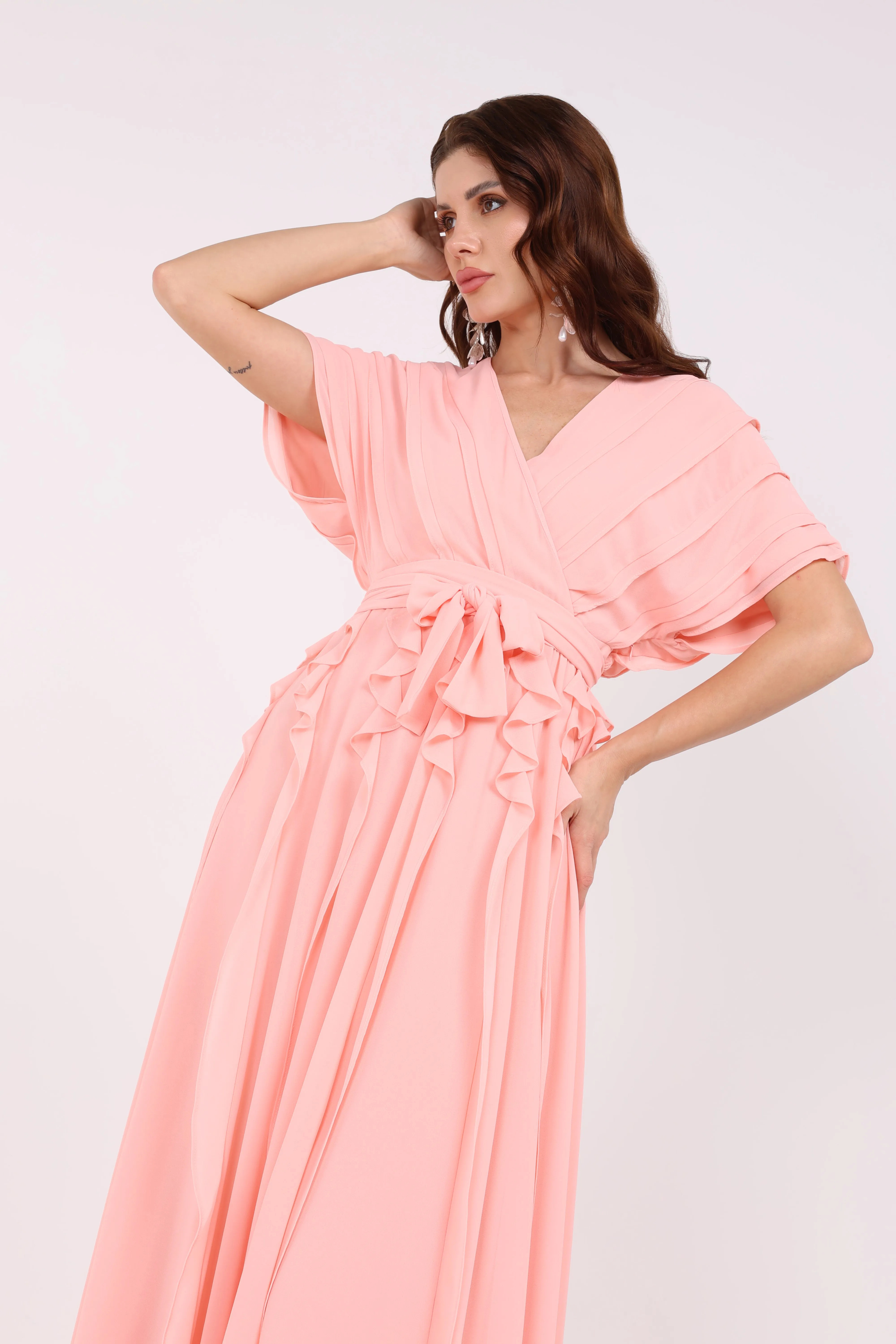 2406193-Solid Ruffled & Pleated Maxi Dress