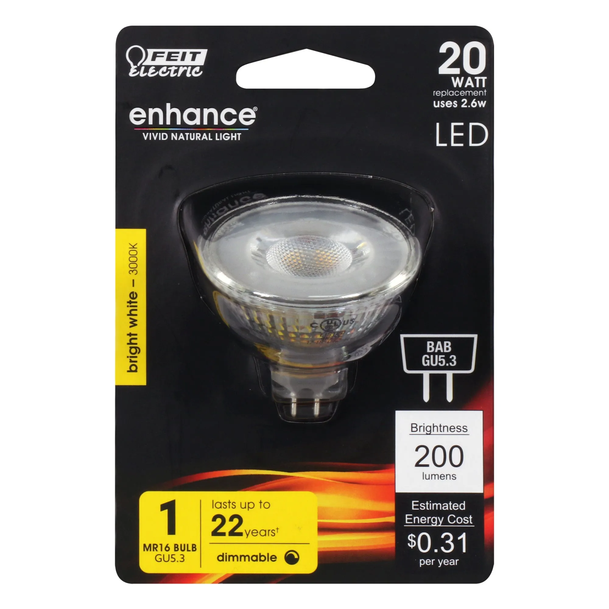 2.6W (20W Replacement) Bright White (3000K) GU5.3 Base MR16 Dimmable Enhance Reflector LED