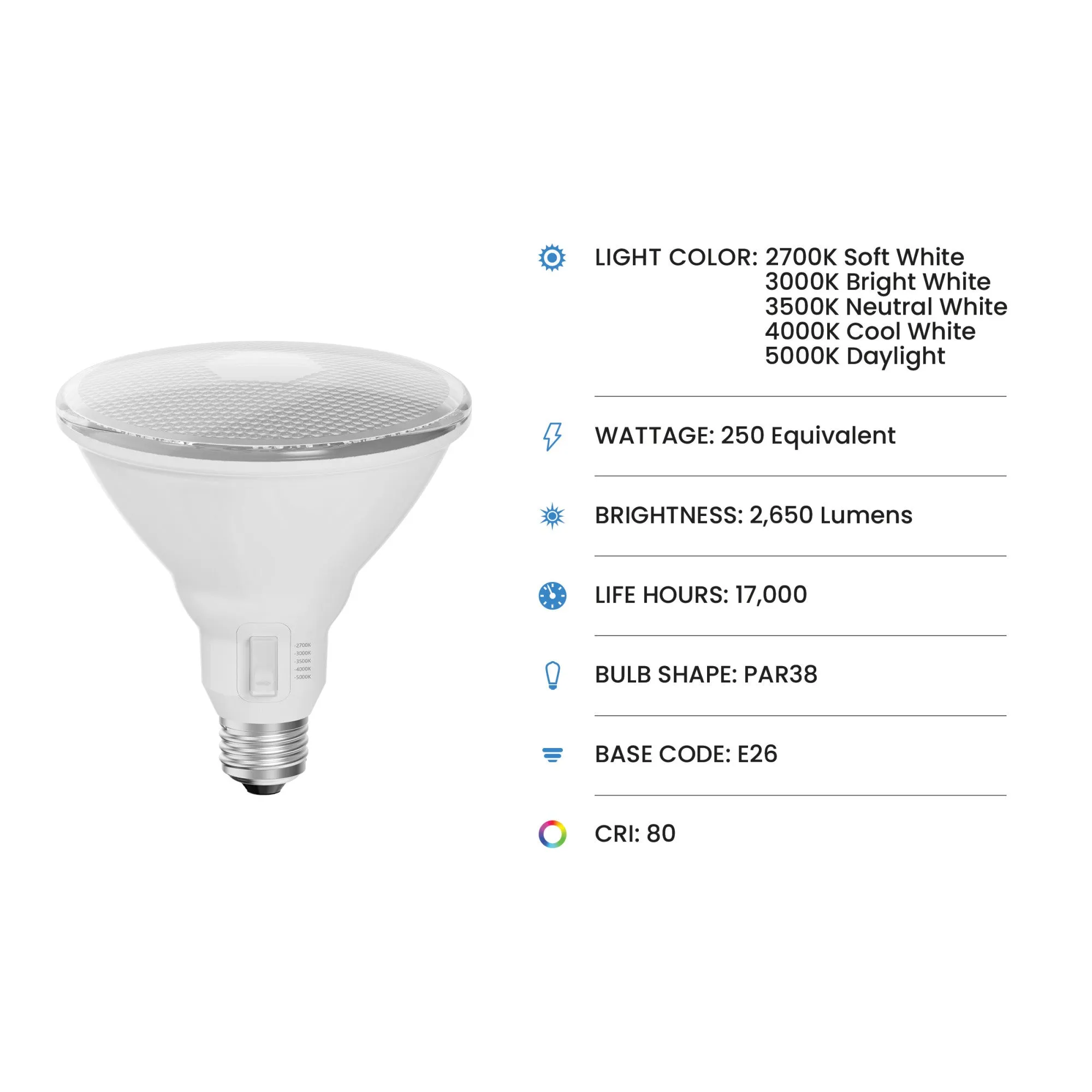 29.4W (250W Replacement) Adjustable White E26 Base PAR38 Dimmable LED Bulb