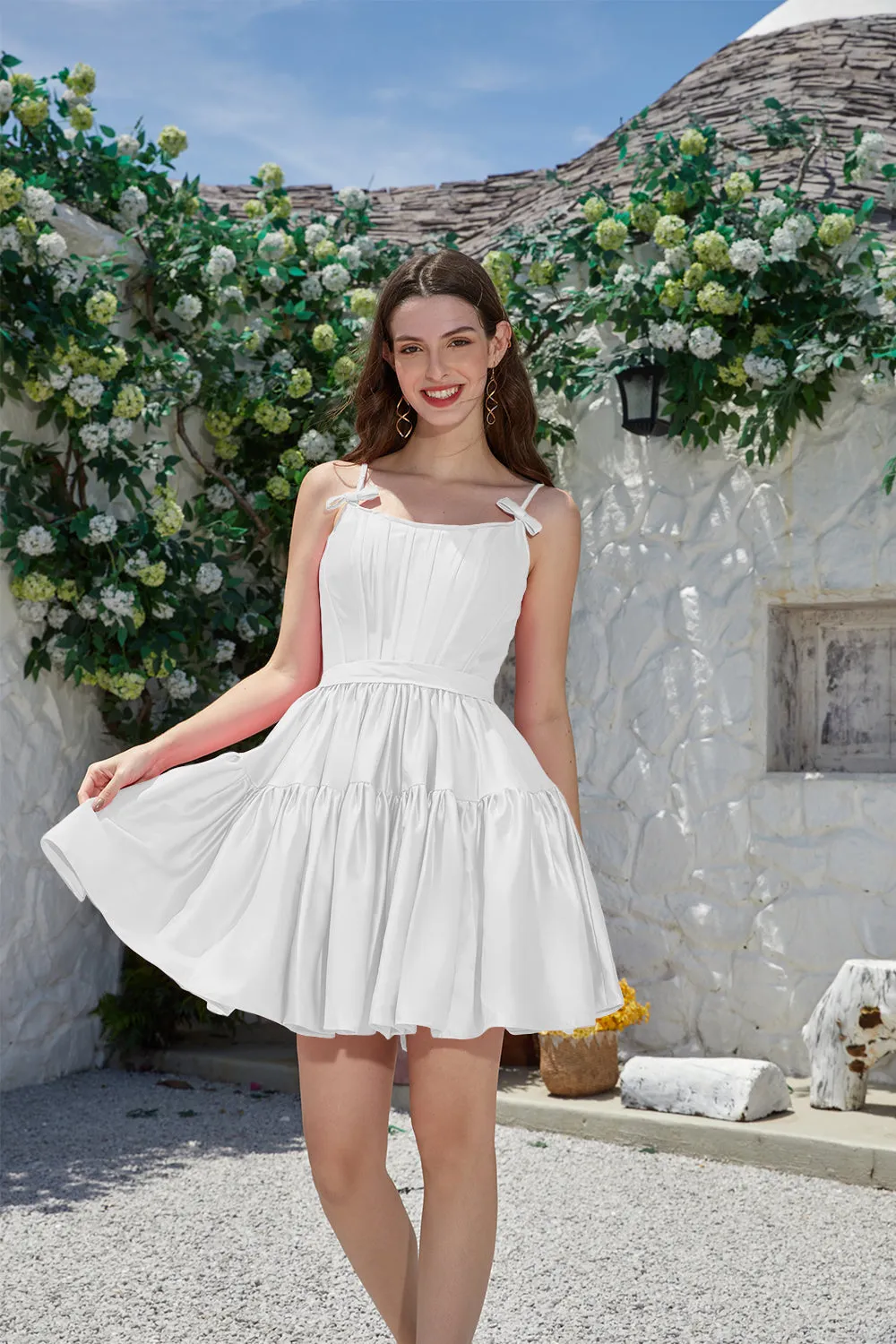 A-Line Spaghetti Straps Cute White Short Graduation Dress