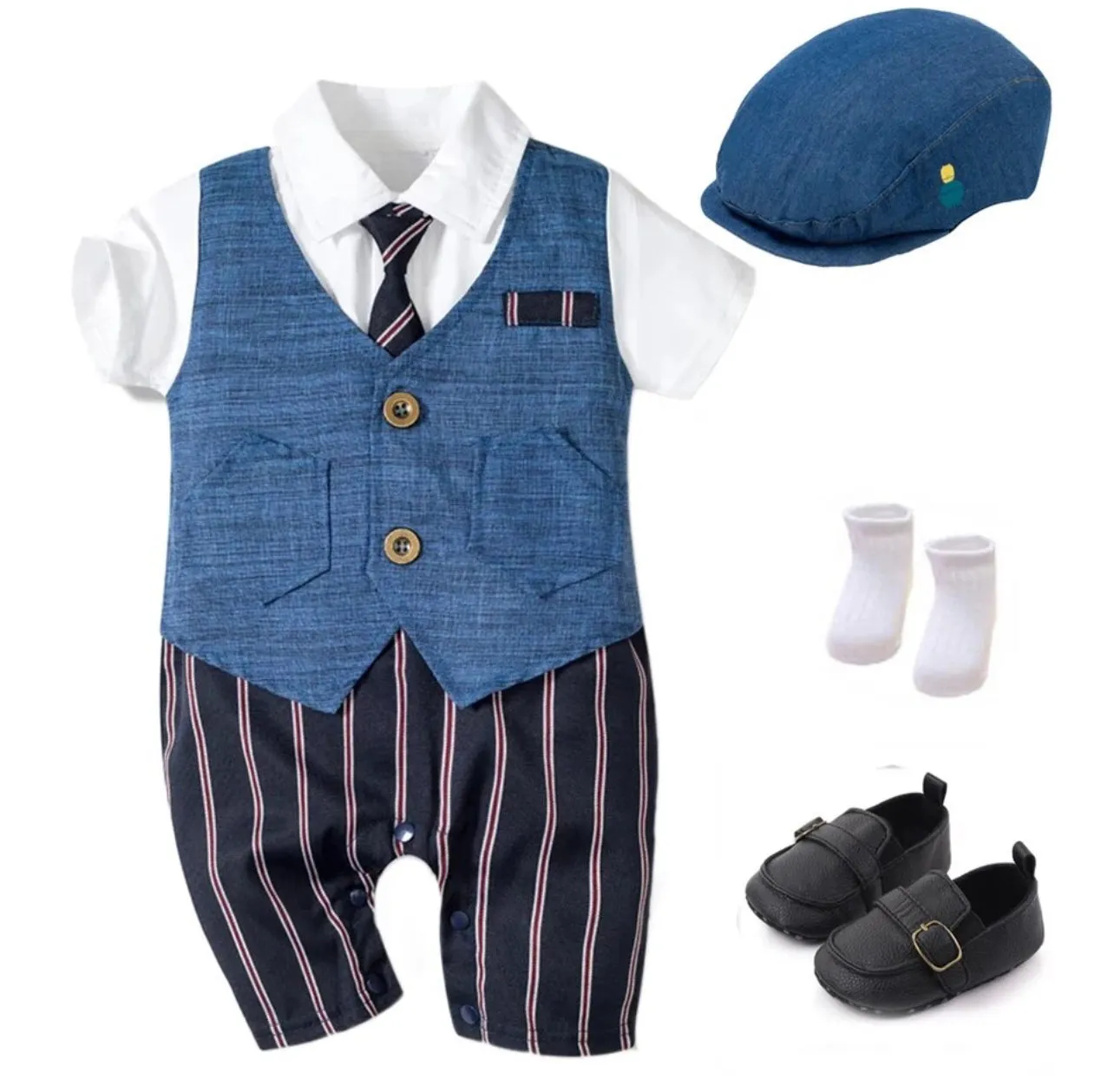 Baby Romper Boys Formal Hat   Jumpsuit   Shoes   Socks, 4 Pieces Outfit