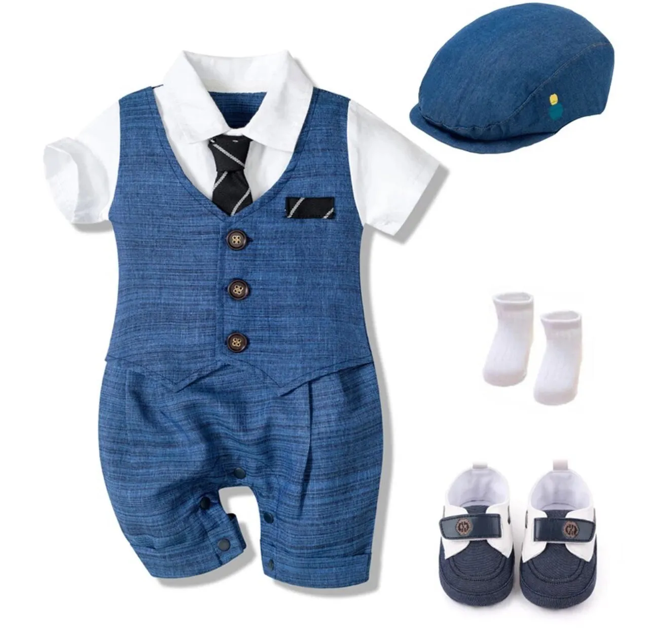 Baby Romper Boys Formal Hat   Jumpsuit   Shoes   Socks, 4 Pieces Outfit