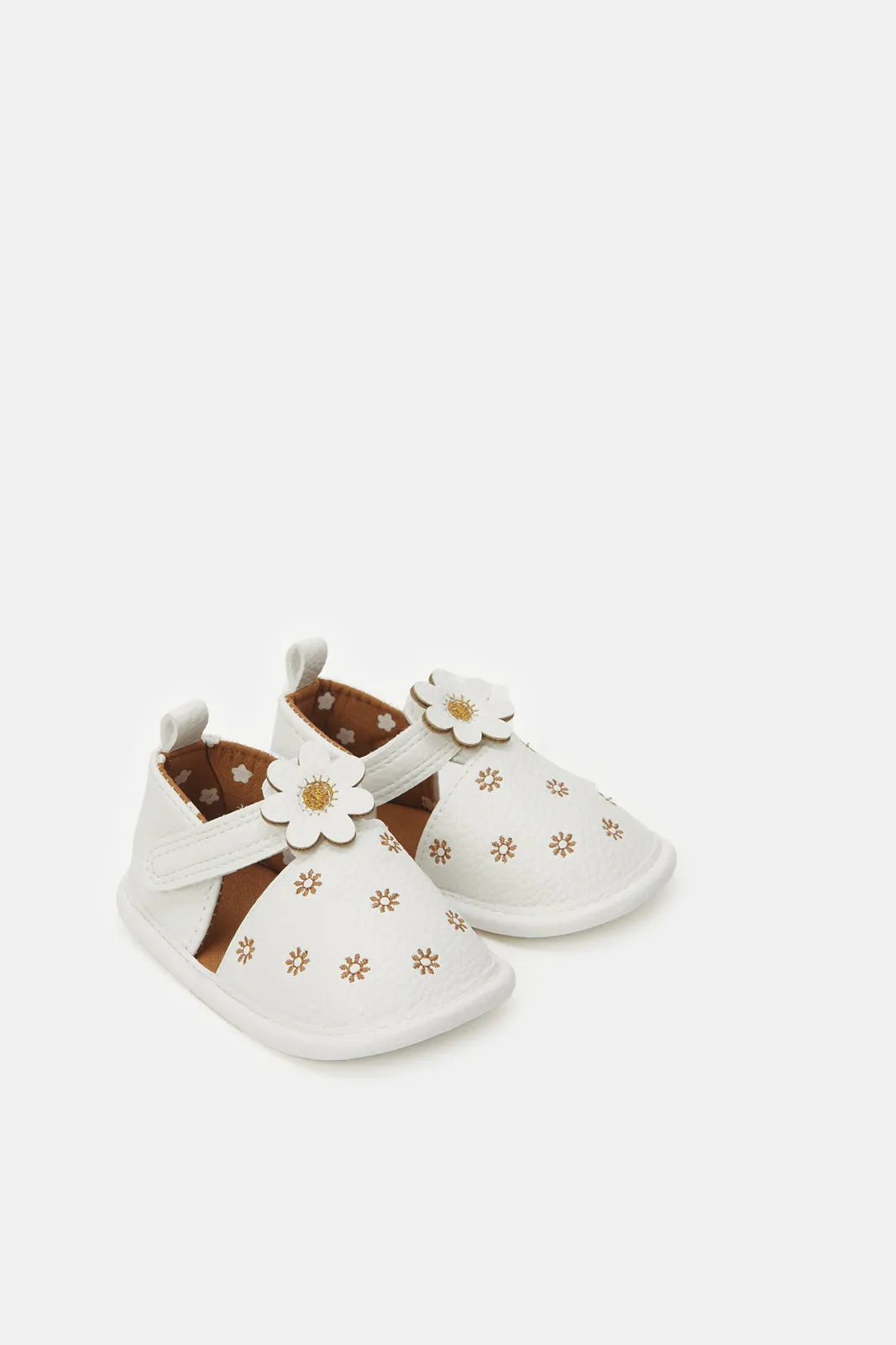 Baby White Floral Pram Shoes