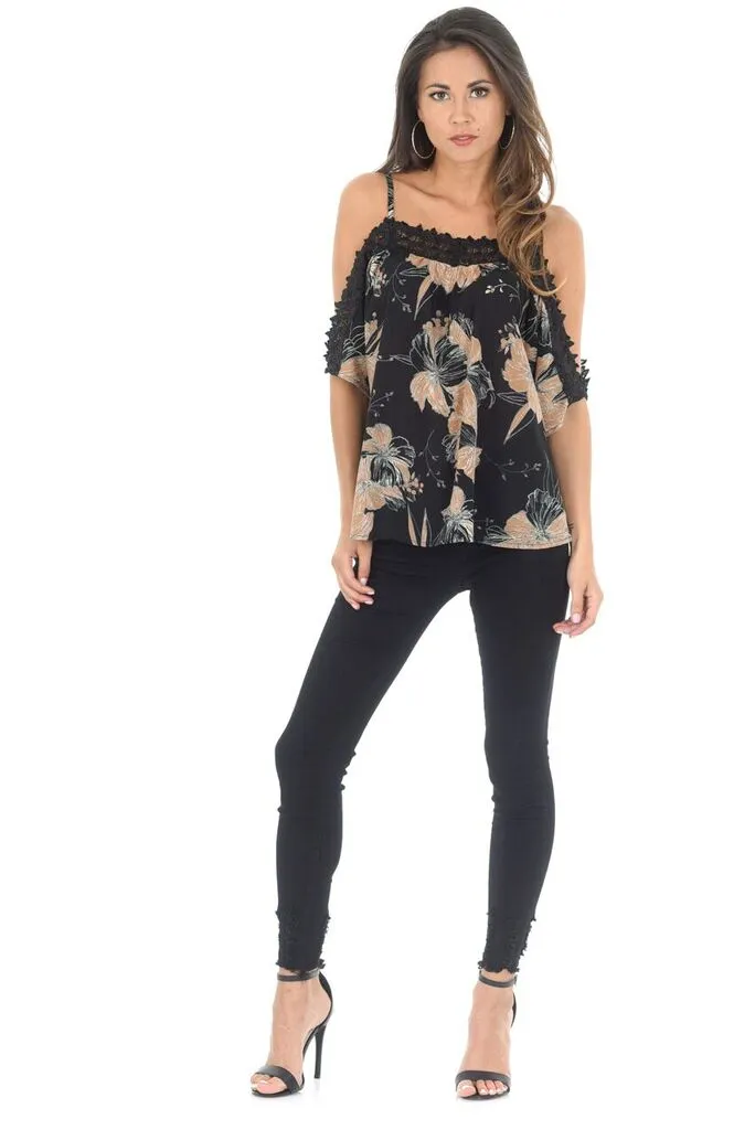 Black and Camel Cold Shoulder Printed Top