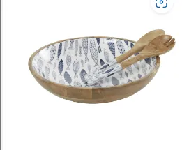 BLUE MANGO WOOD HANDMADE DECORATIVE BOWL WITH MATCHING SALAD SERVING UTENSILS, SET OF 3 15", 11", 11"W