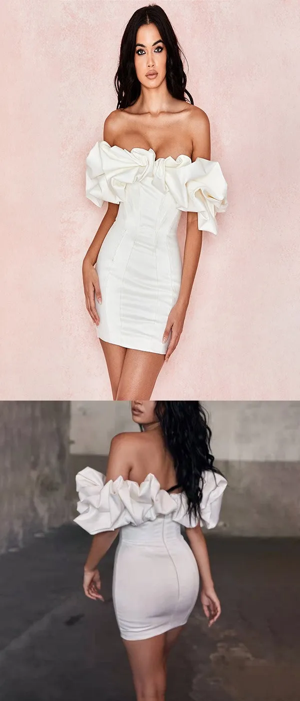 Charming White Soft Satin Off Shoulder Short Homecoming Dresses, HDS0072