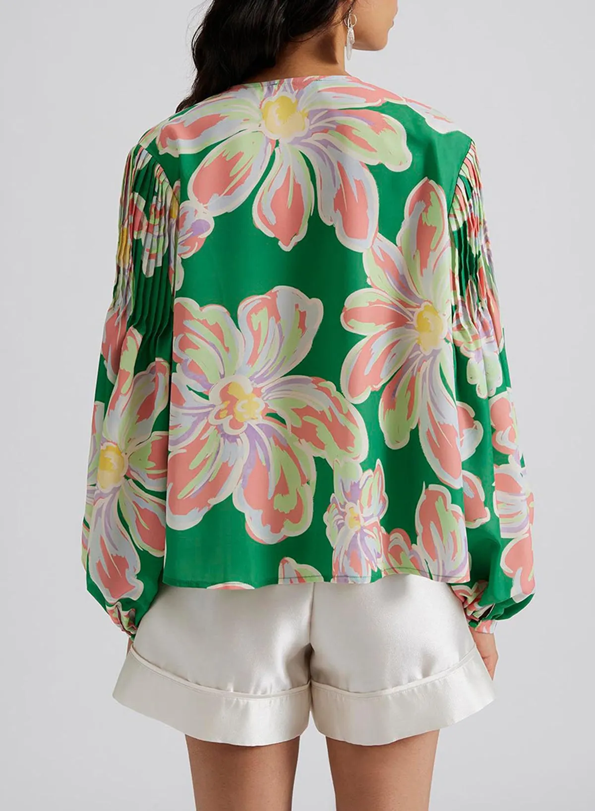 Green Floral Print Button up Pleated Puff Sleeve Loose Shirt