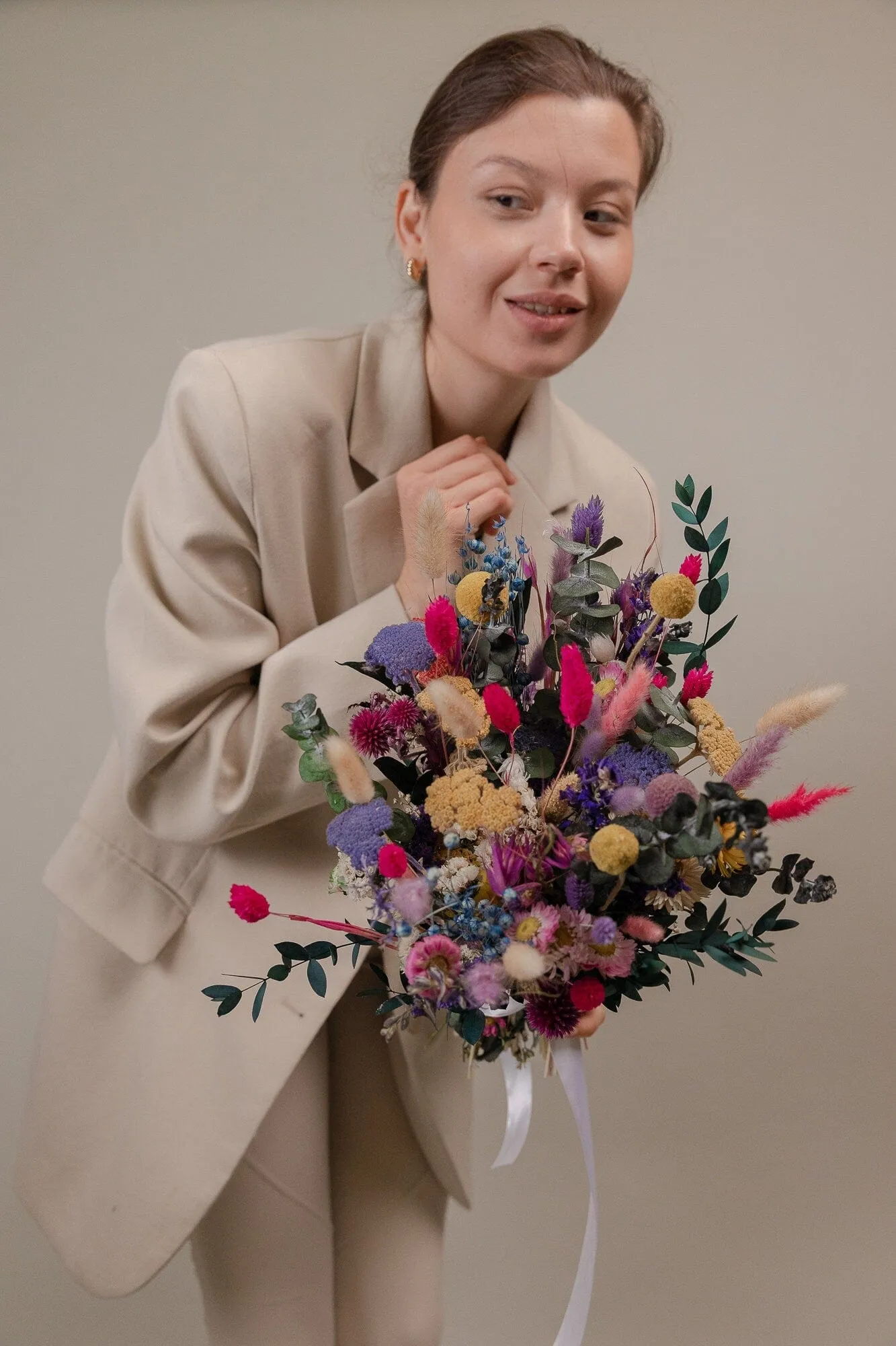 Hot Pink Dried Flowers & Eucalyptus Wildflower Bridal Bouquet / Billy Balls Bouquet / Boho Bride Spring Flowers