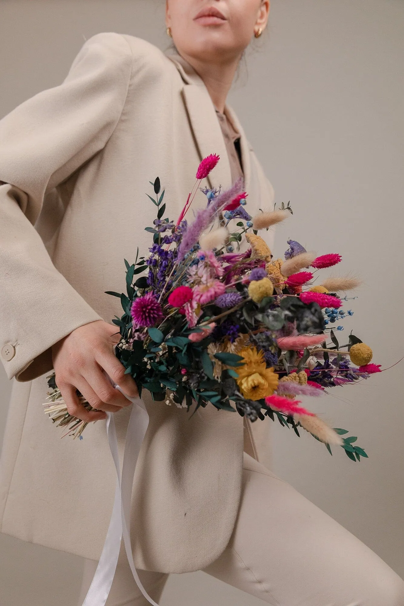 Hot Pink Dried Flowers & Eucalyptus Wildflower Bridal Bouquet / Billy Balls Bouquet / Boho Bride Spring Flowers