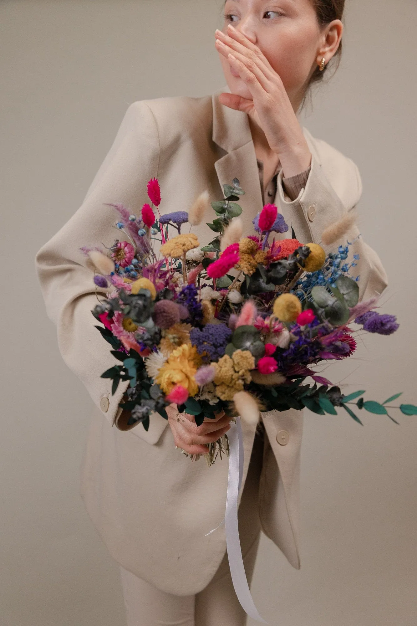 Hot Pink Dried Flowers & Eucalyptus Wildflower Bridal Bouquet / Billy Balls Bouquet / Boho Bride Spring Flowers