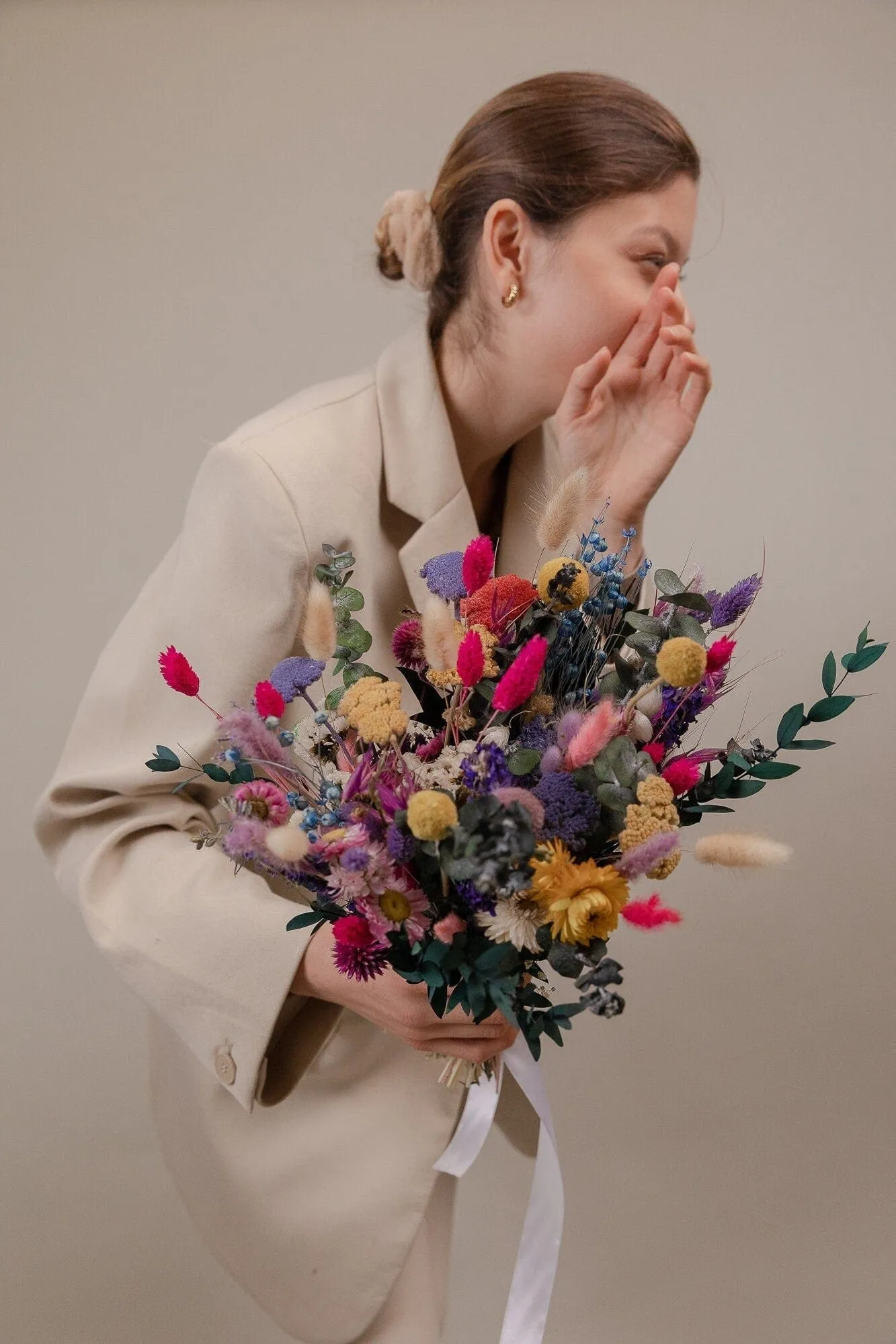 Hot Pink Dried Flowers & Eucalyptus Wildflower Bridal Bouquet / Billy Balls Bouquet / Boho Bride Spring Flowers