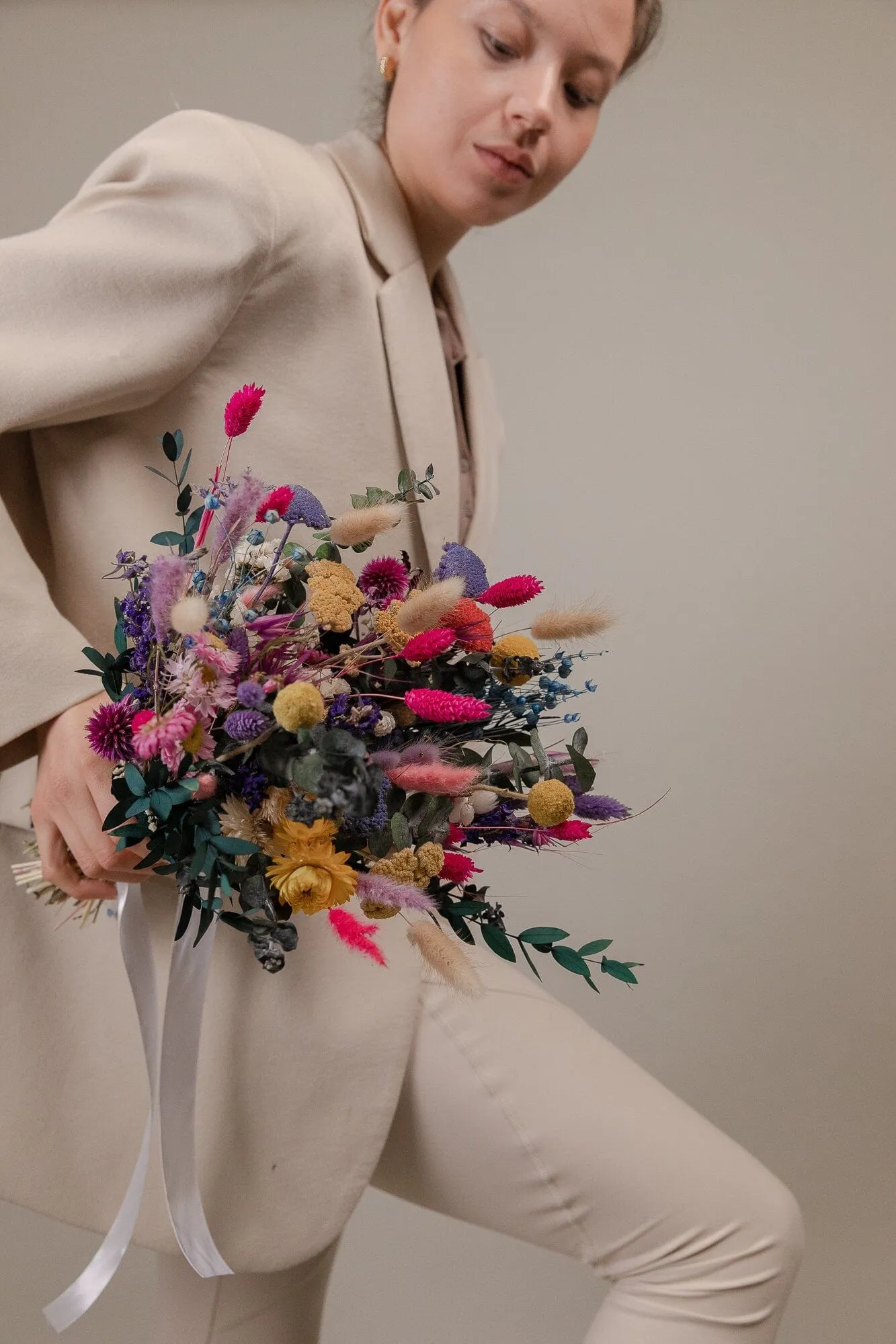 Hot Pink Dried Flowers & Eucalyptus Wildflower Bridal Bouquet / Billy Balls Bouquet / Boho Bride Spring Flowers