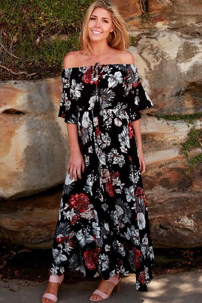 Isabella Boho Off Shoulder Maxi Dress Black Floral