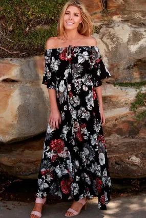 Isabella Boho Off Shoulder Maxi Dress Black Floral