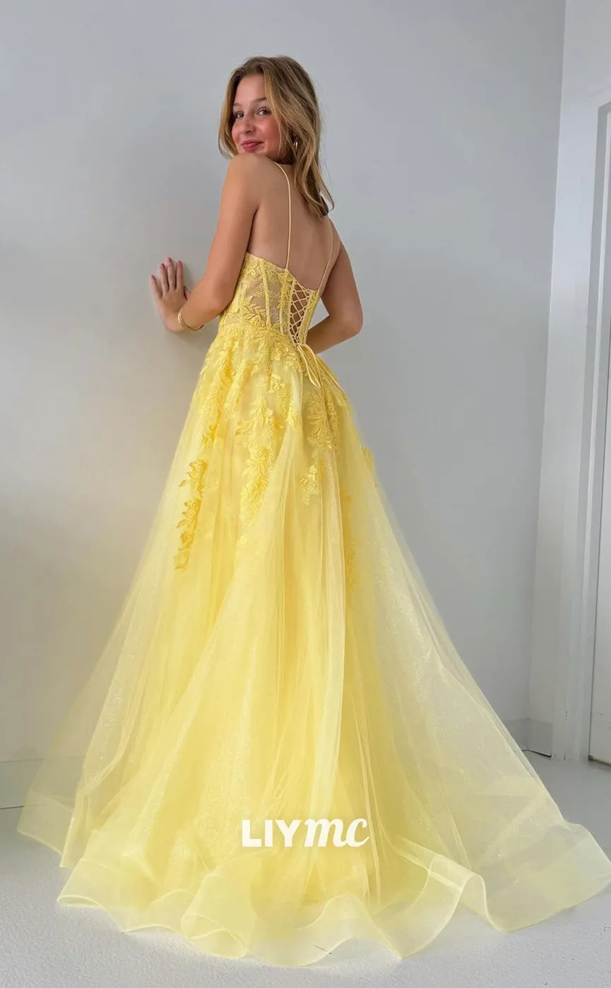 LP1030 - A Line Plunging Illusion V Neck Lace Appliques Yellow Formal Prom Dress