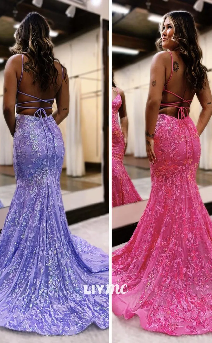 LP1081 - Spaghetti Straps Lace Mermaid Long Formal Prom Dress