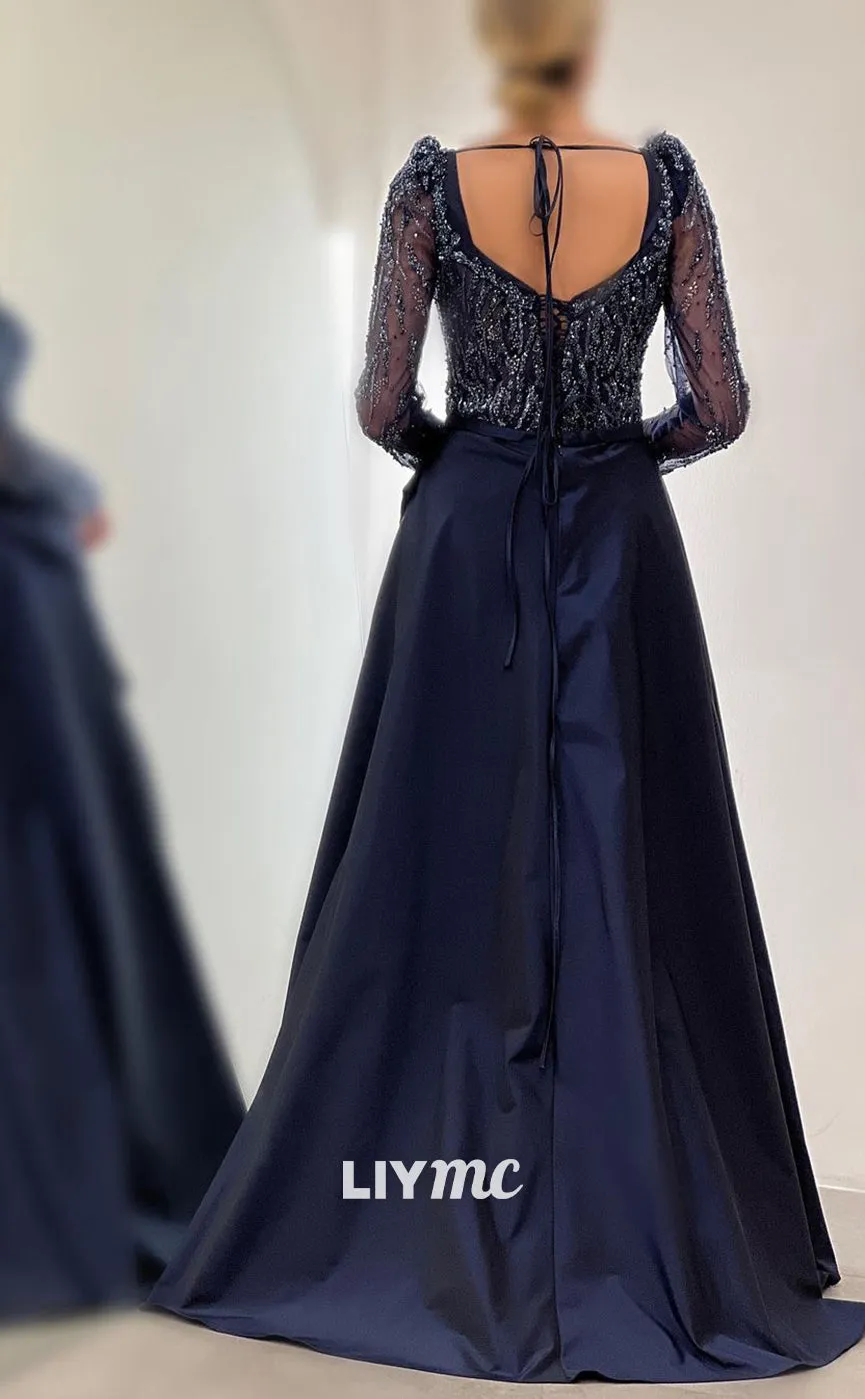 LP1146 - A Line Sweetheart Beads Long Sleeves Formal Evening Dress