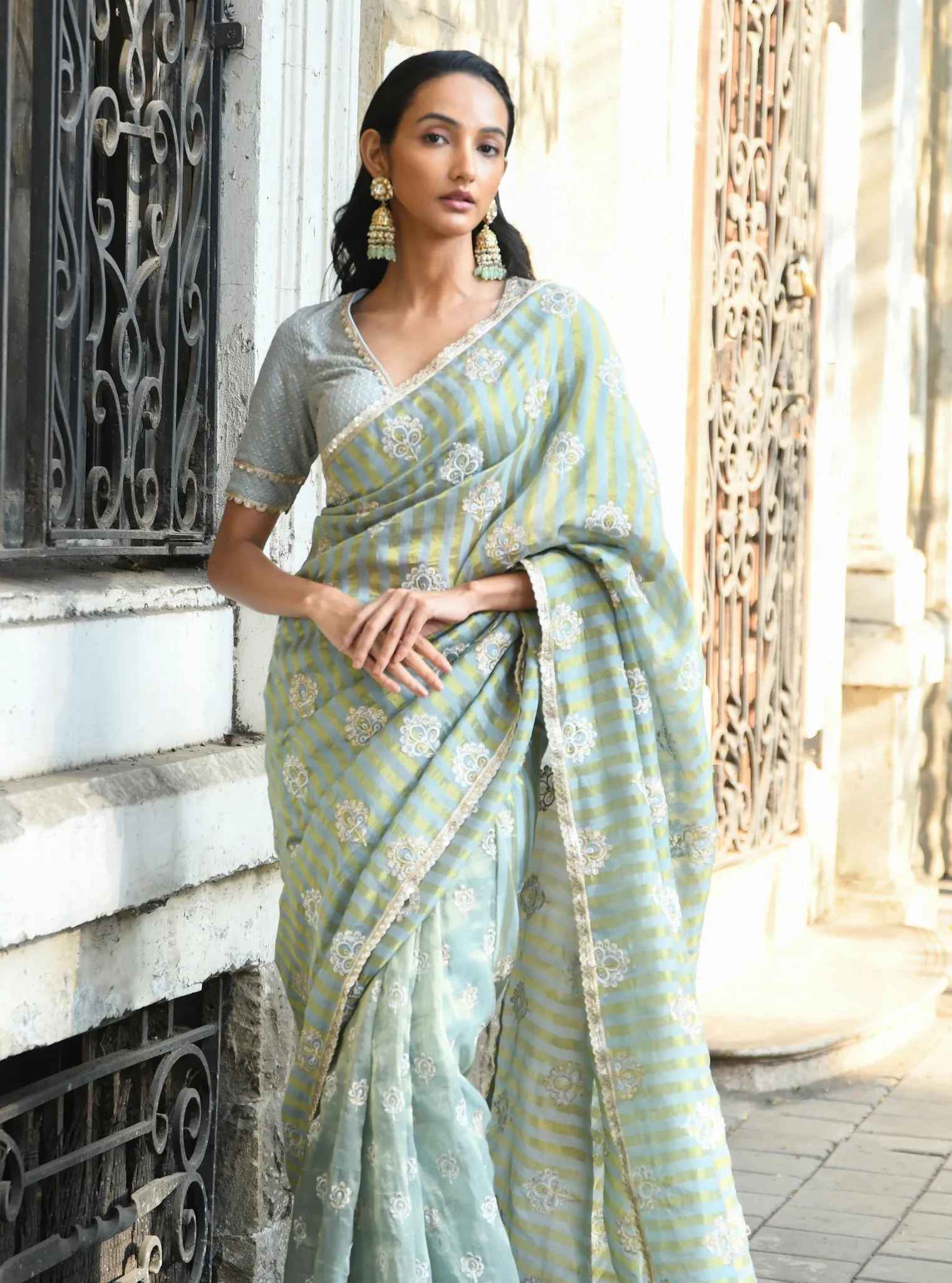 Mulmul Banarsi Luxe Tissue Mangni Light Blue Saree