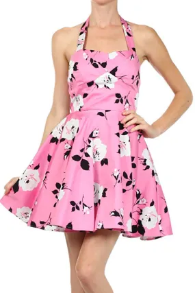 Pink Floral Rose Printed Retro Inspired Full Skirt Short A-Line Dress Womens