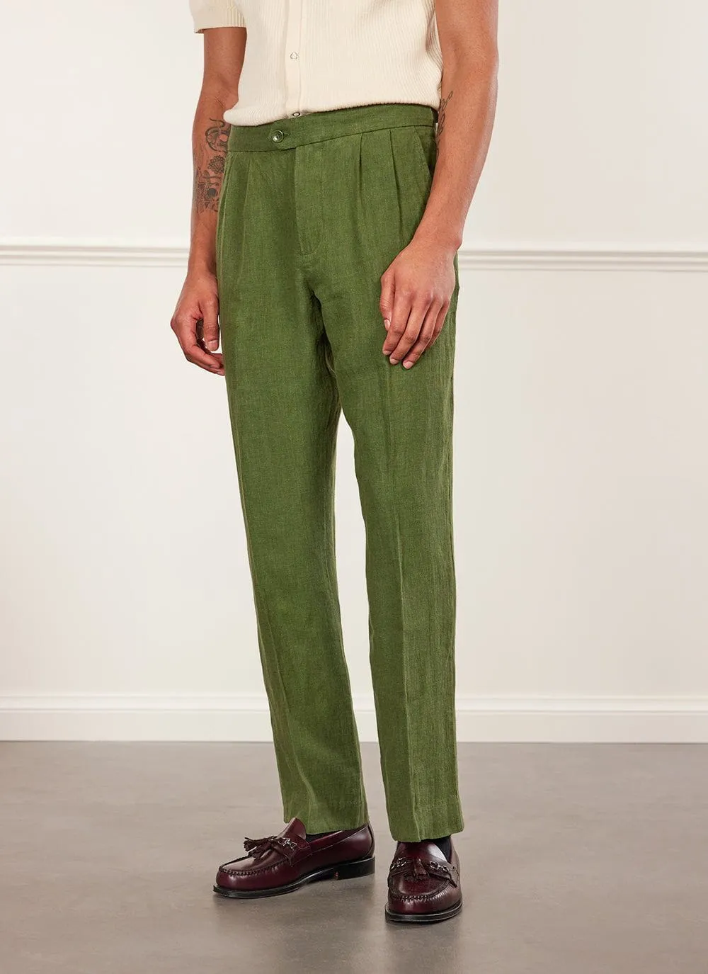 Pleated Tailored Trousers | Linen | Forest