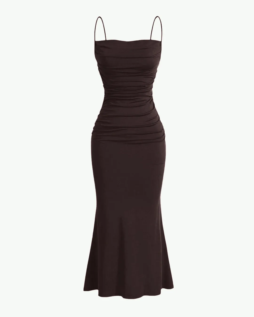 Spaghetti Strap Ruched  Bodycon Corset Maxi Dress In Chocolate Brown