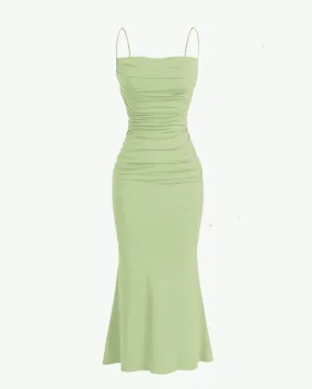 Spaghetti Strap Ruched Bodycon Corset Maxi Dress In Green