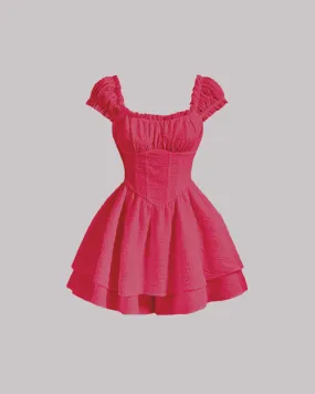 Square Neck Textured Waist-Cinching Pink Dress