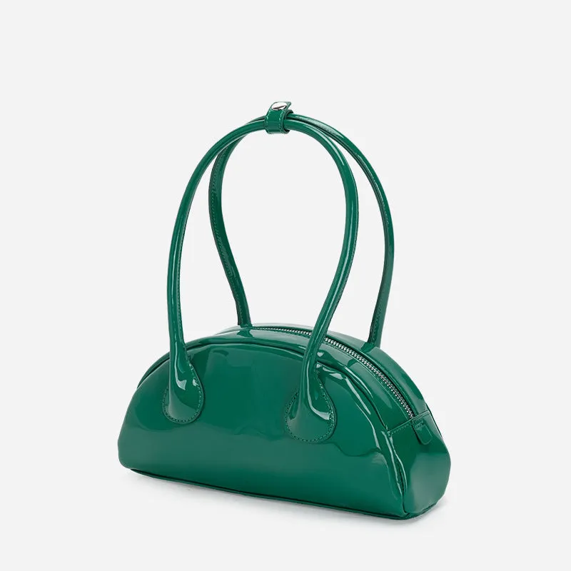 Versatile Half-Round Shoulder Bag with Glossy Finish and Long Handle