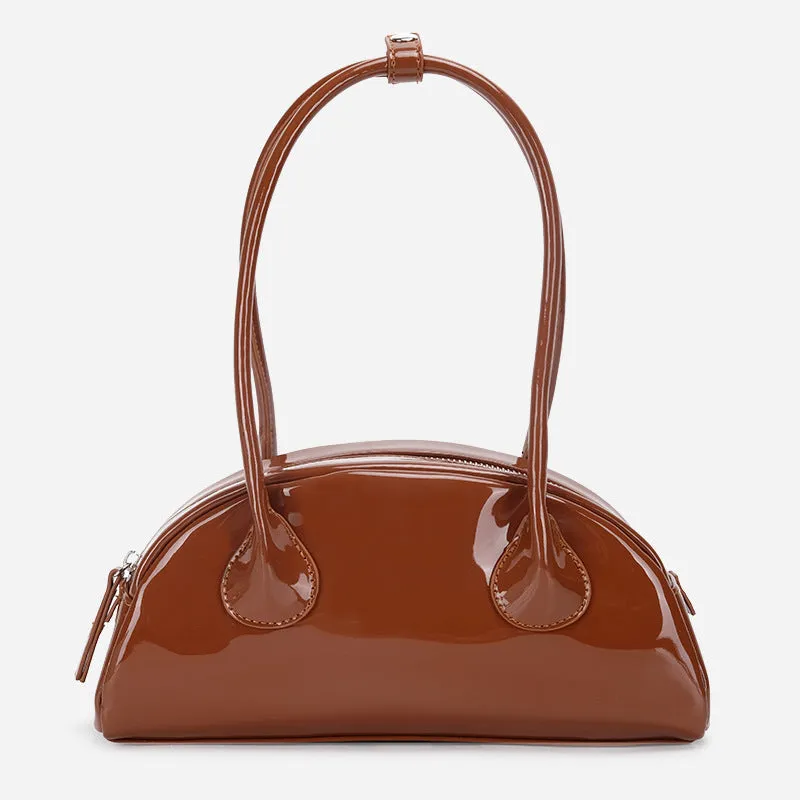 Versatile Half-Round Shoulder Bag with Glossy Finish and Long Handle