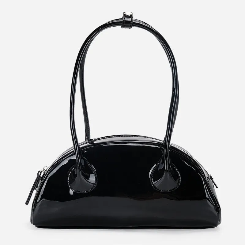 Versatile Half-Round Shoulder Bag with Glossy Finish and Long Handle