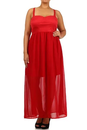 Womens Plus Size Solid Red Semi Sheer Elegant Maxi Dress